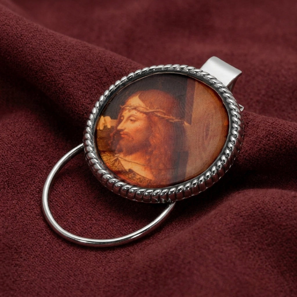 Jesus badge eye glass holder on burgundy colored fabric