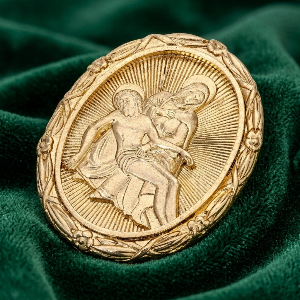 Gold medallion with religious design on a green fabric background
