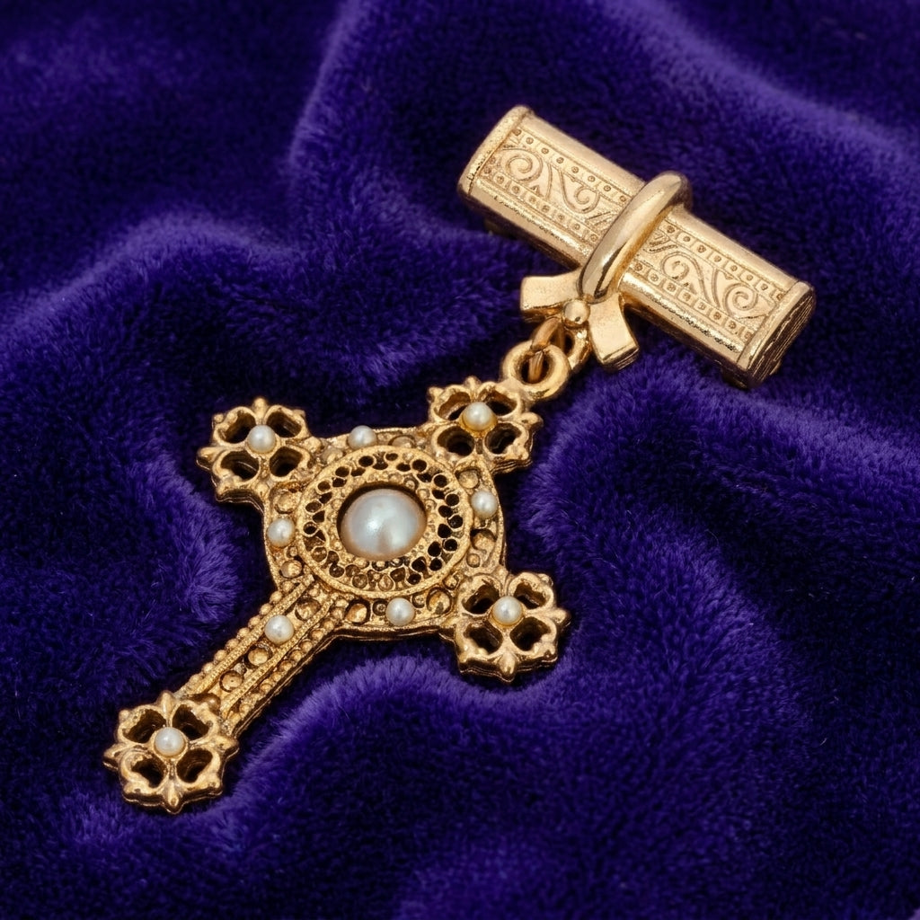 Gold cross pendant with pearls on a purple velvet background