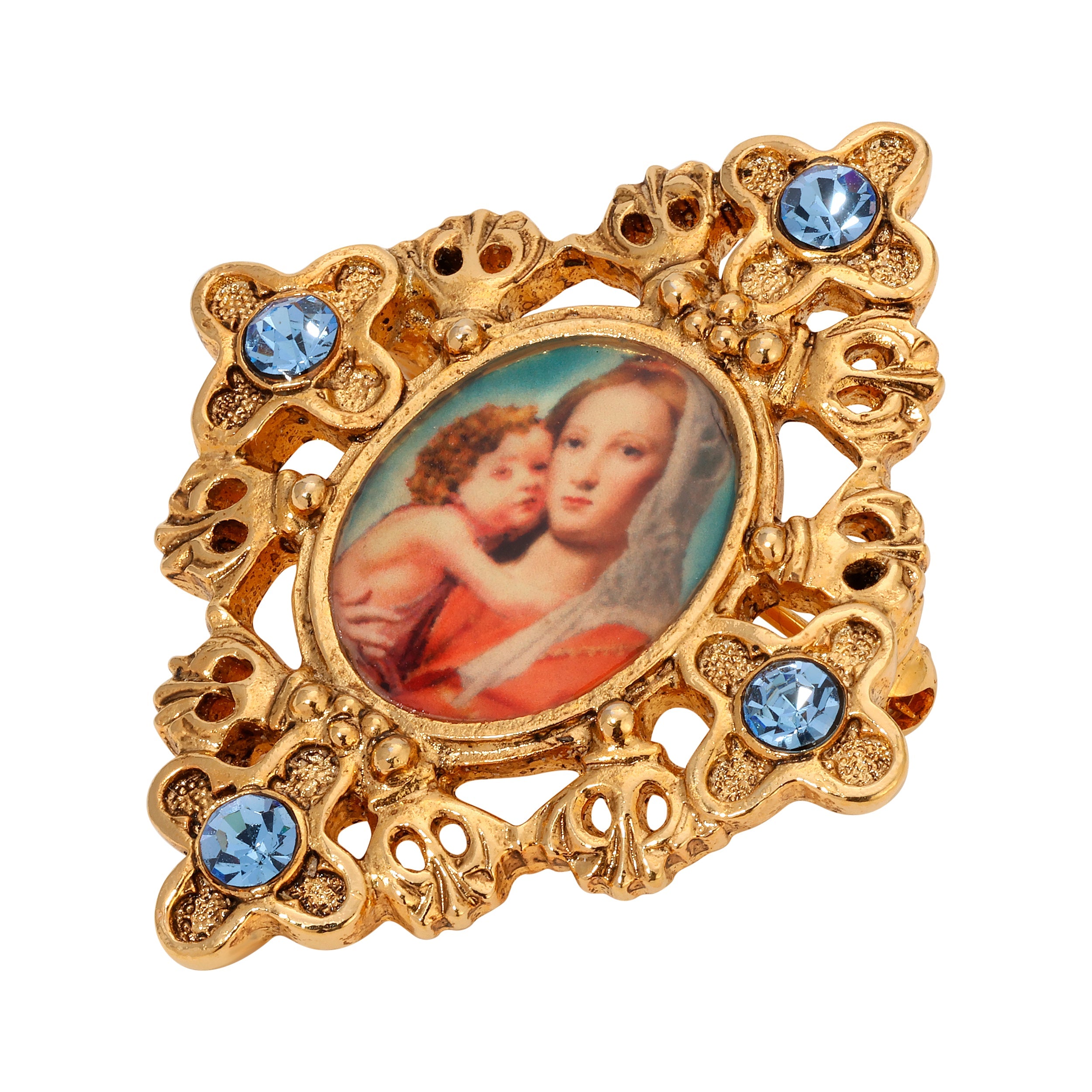 Symbols Of Faith Madonna and Child Light Sapphire Crystal Gold Pin