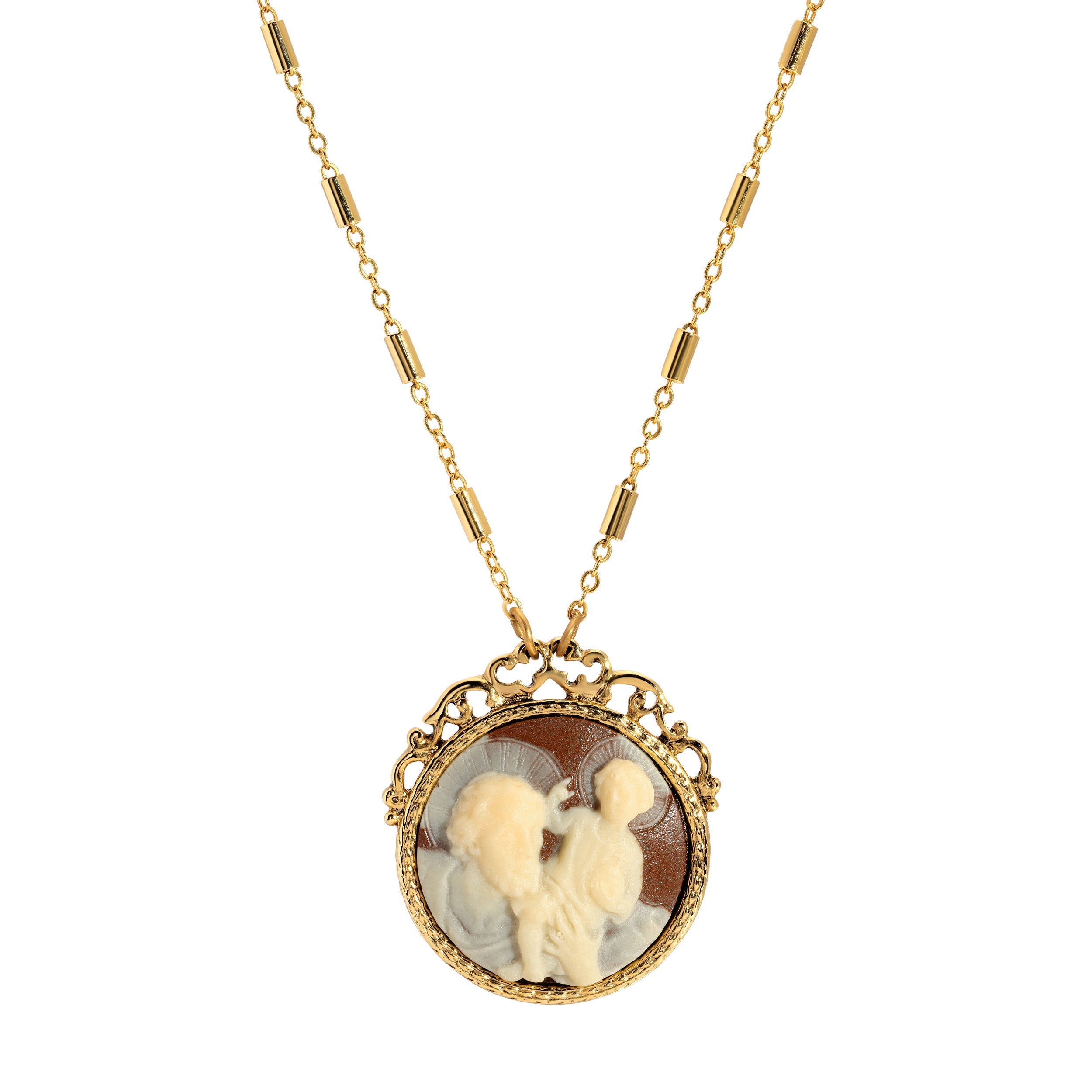 Symbols Of Faith Brown & Ivory St. Christopher & Christ Child Cameo Pendant Necklace 26"