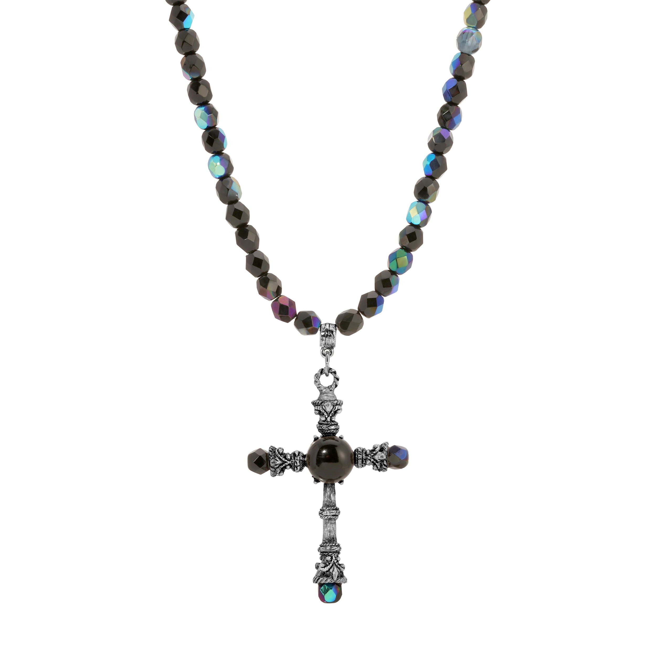 Black Iris Scarab Faceted Glass Fire Polished Beaded Strand Crystals Cross Pendant Necklace 16.5" + 3" Extension