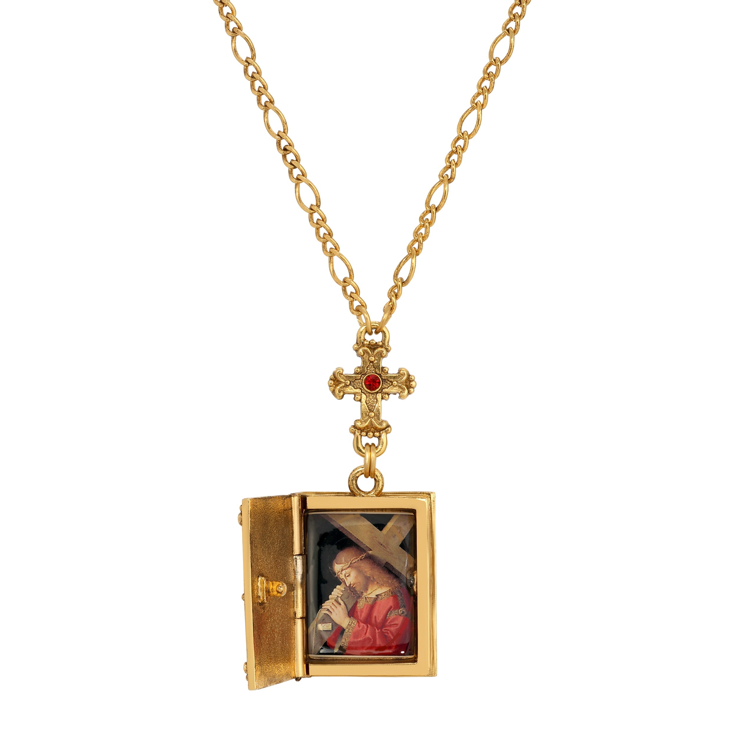 Symbols Of Faith Siam Red Crystal Cross & Holy Bible Pendant Locket Holy Family Necklace 28"