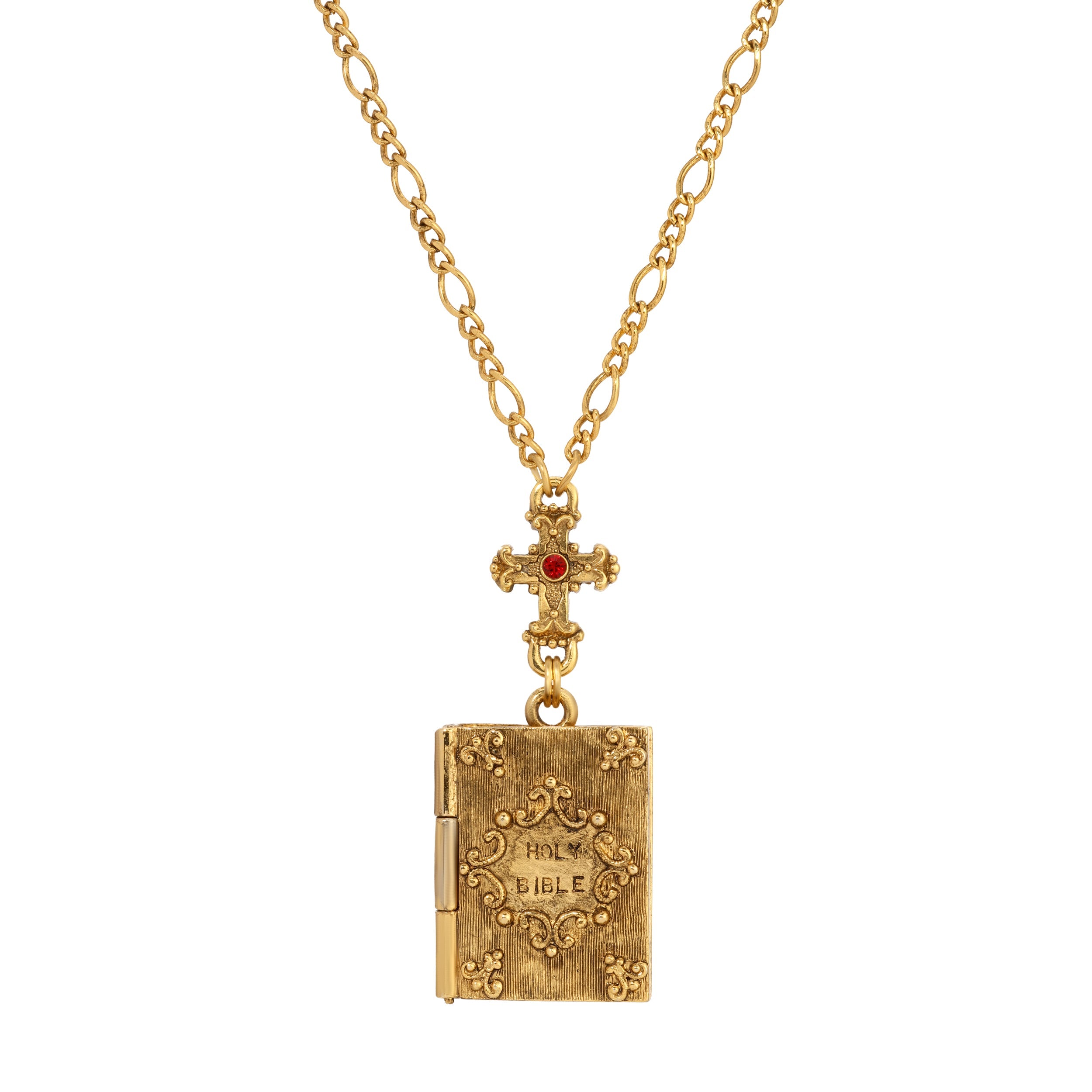 Symbols Of Faith Siam Red Crystal Cross & Holy Bible Pendant Locket Holy Family Necklace 28"