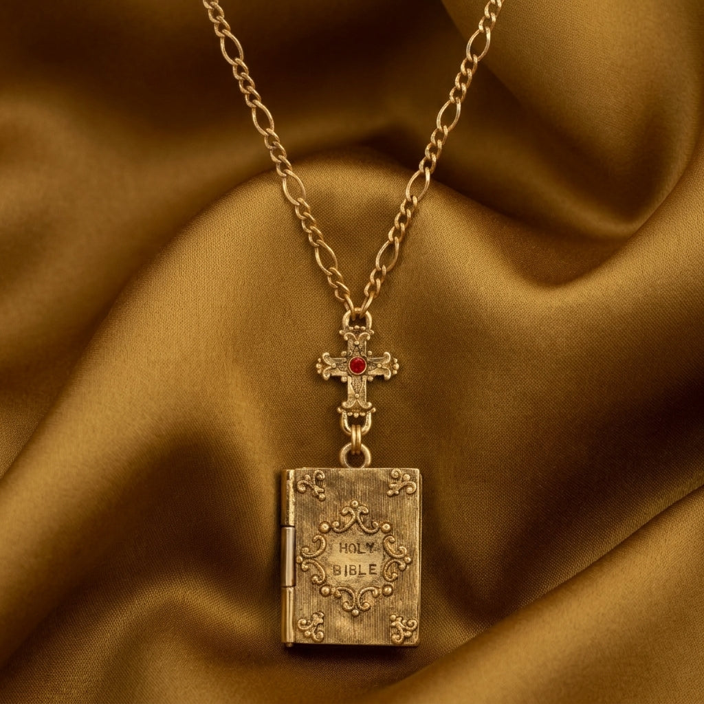 Necklace with a pendant shaped like a Bible on a brown fabric background