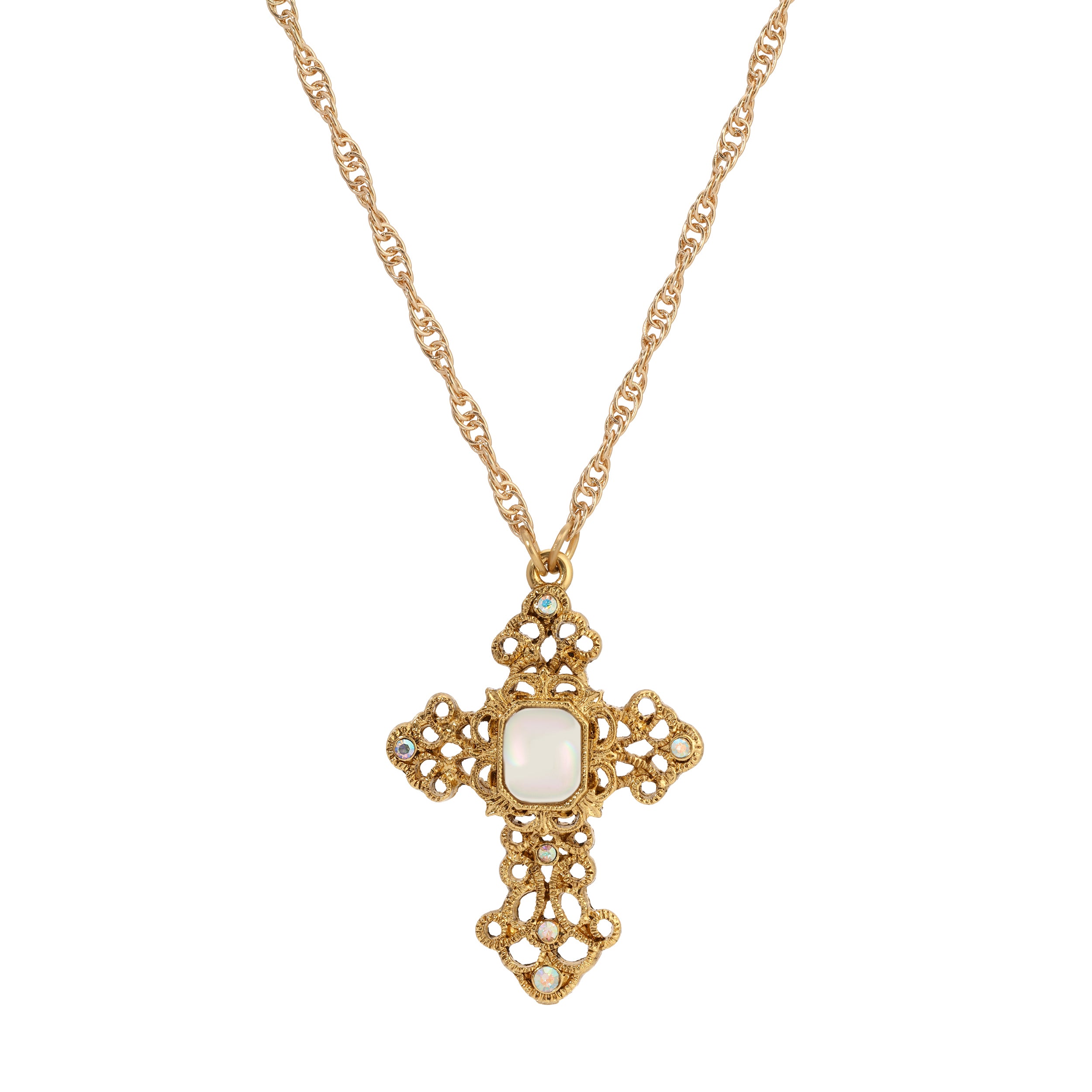 AB Glass Crystal Golden Cross Pendant Necklace 24"