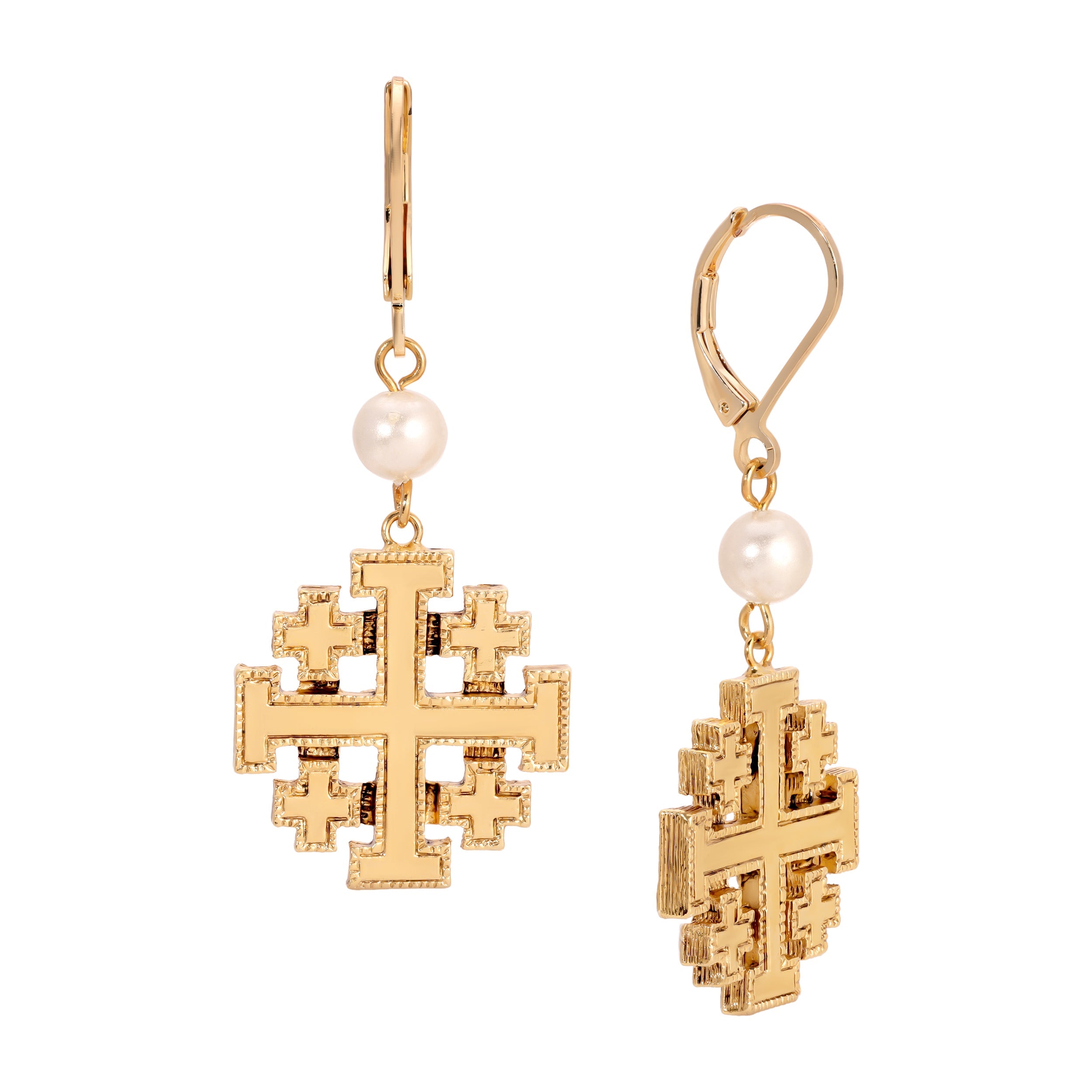 Symbols Of Faith Faux Pearl Jerusalem Cross Dangling Earrings