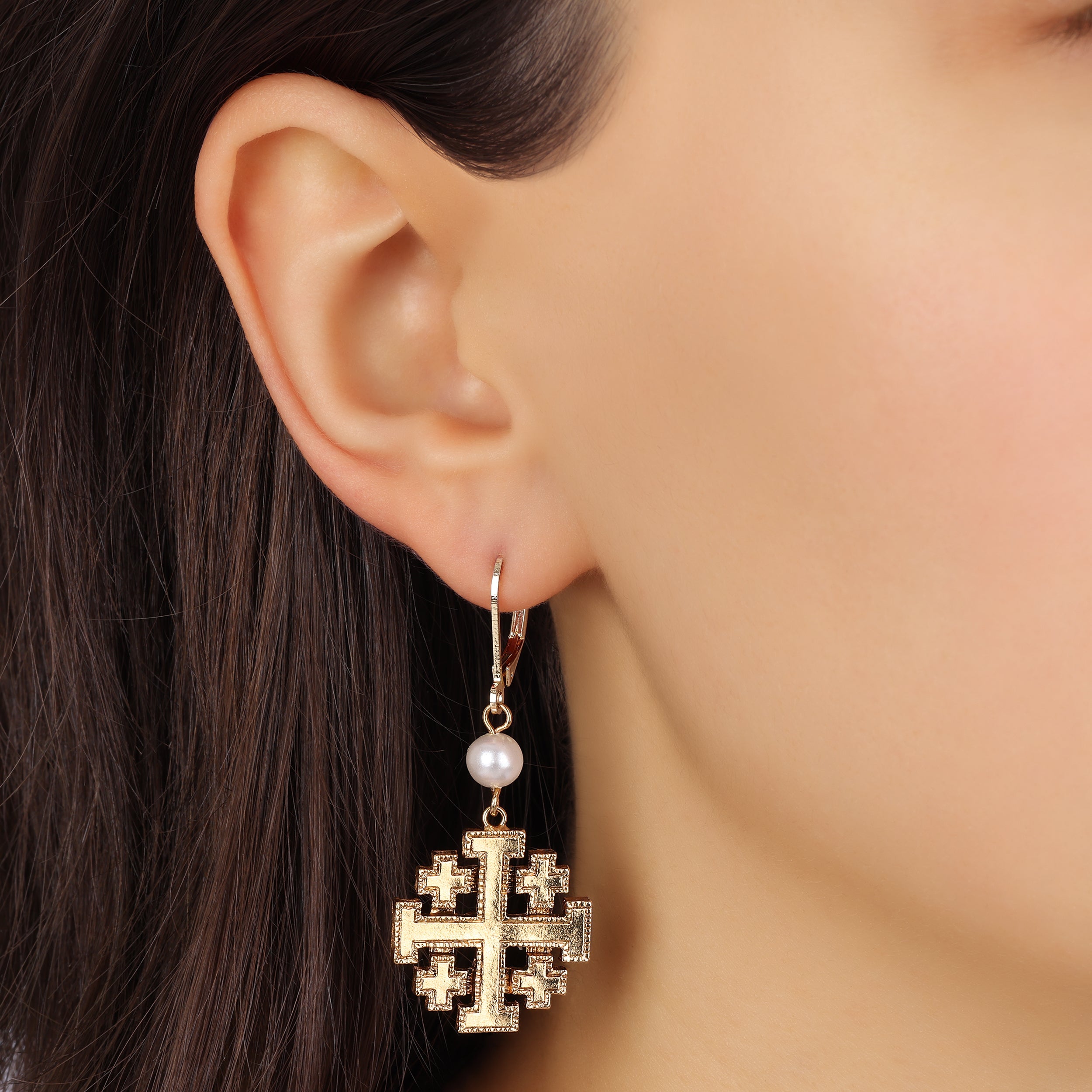 Symbols Of Faith Faux Pearl Jerusalem Cross Dangling Earrings