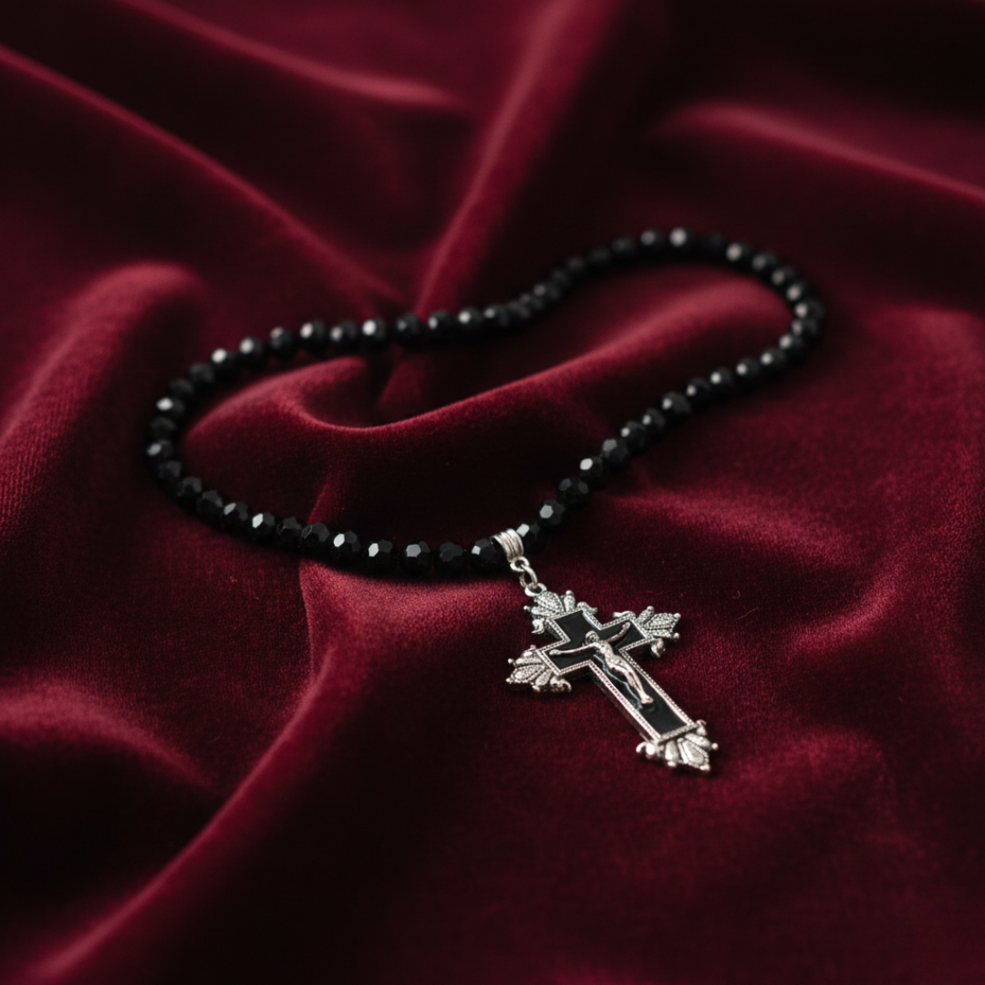 Black beaded necklace with a silver cross pendant on red fabric