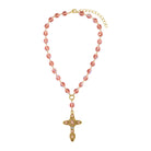 Zoomed out look at the entire Symbols Of Faith Peach Rose AB Beaded Cross Pendant Necklace 17" + 3" Extension piece