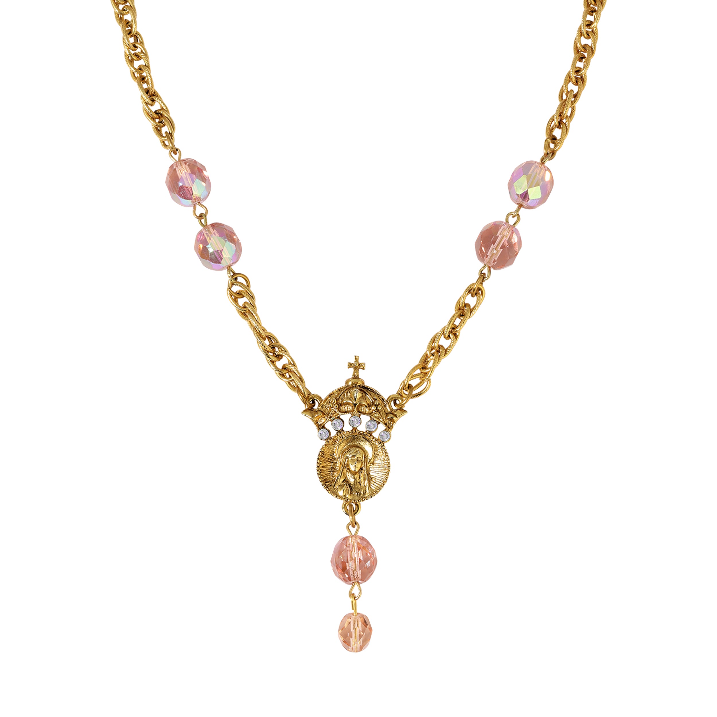 Virgin Mary Medallion & Crown Peach & Rosaline Crystal Y-Necklace 18"
