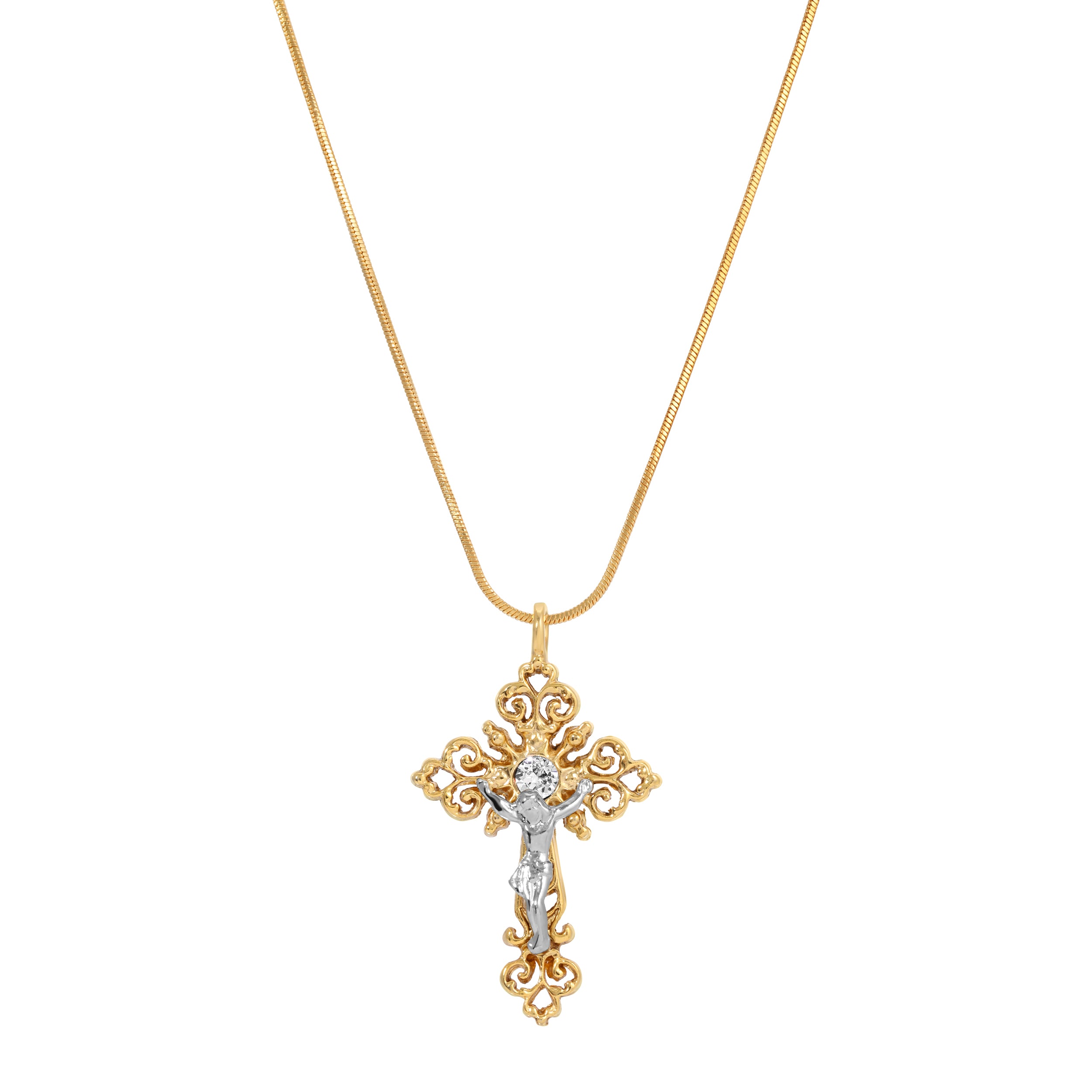 Gold & Silver Filigree Crucifix Pendant Chain Necklace 18"