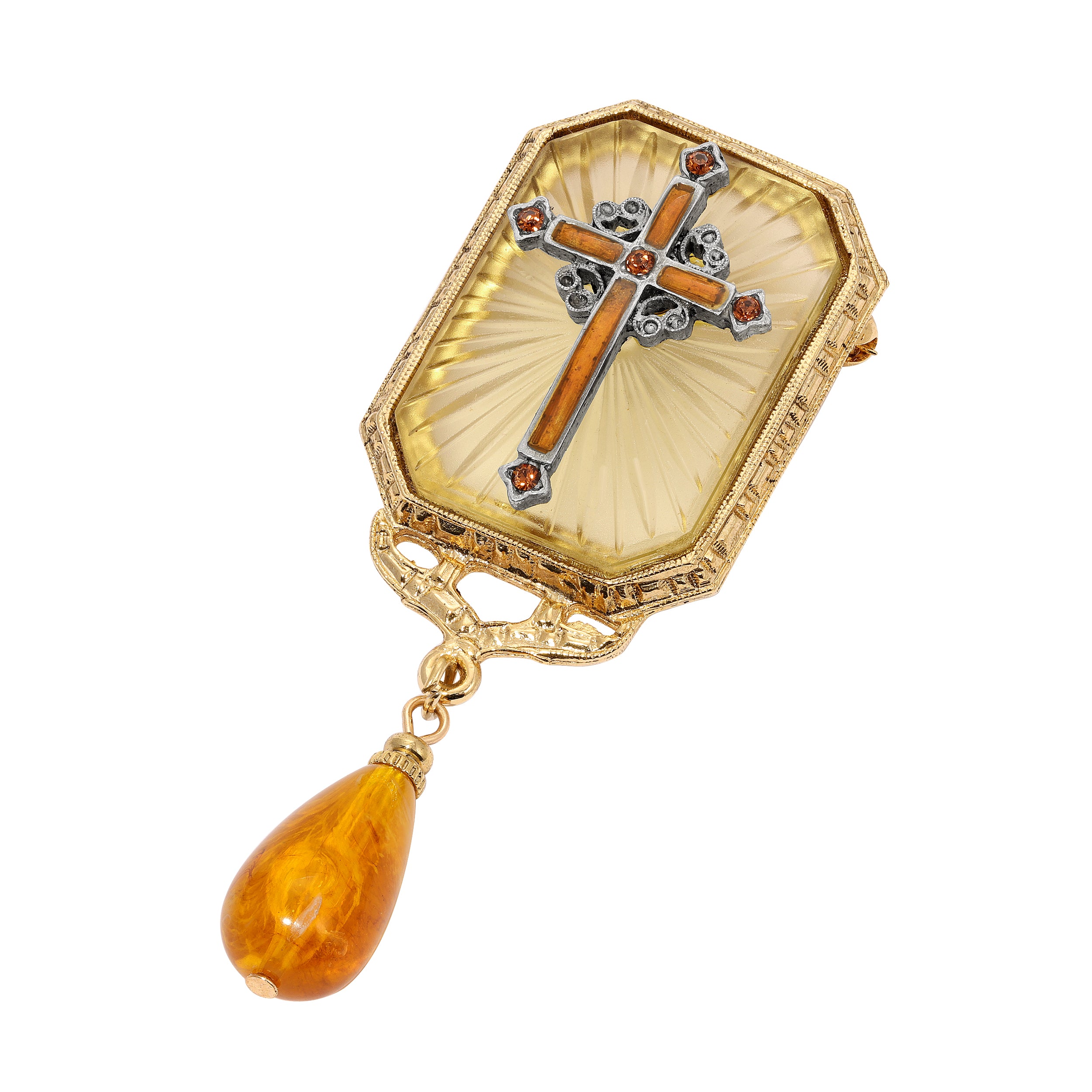 Octagon Frosted Crystal Topaz & Orange Enamel Cross Drop Bead Pin