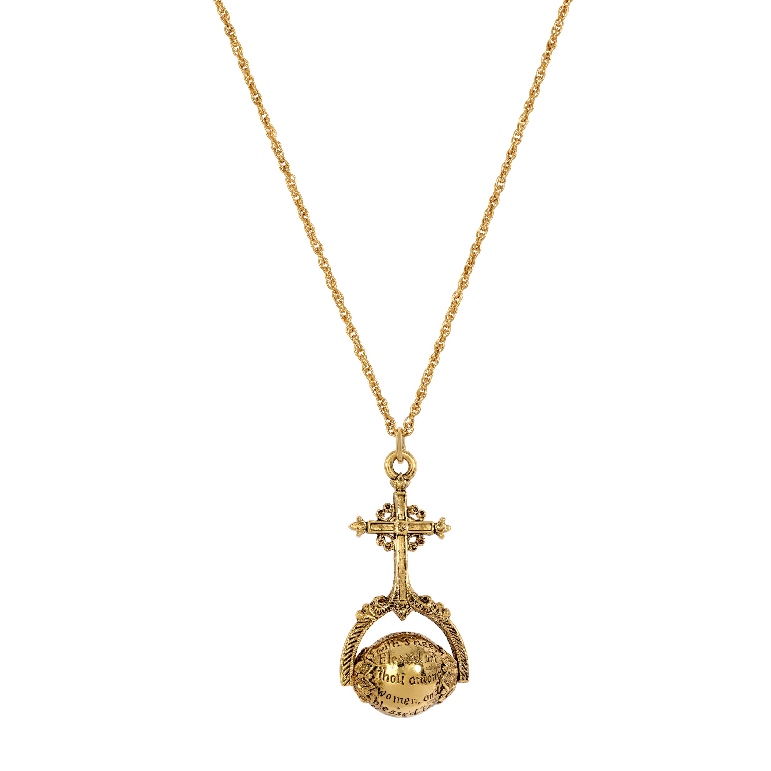 Gold Cross Hail Mary Spinner Pendant Necklace 24"
