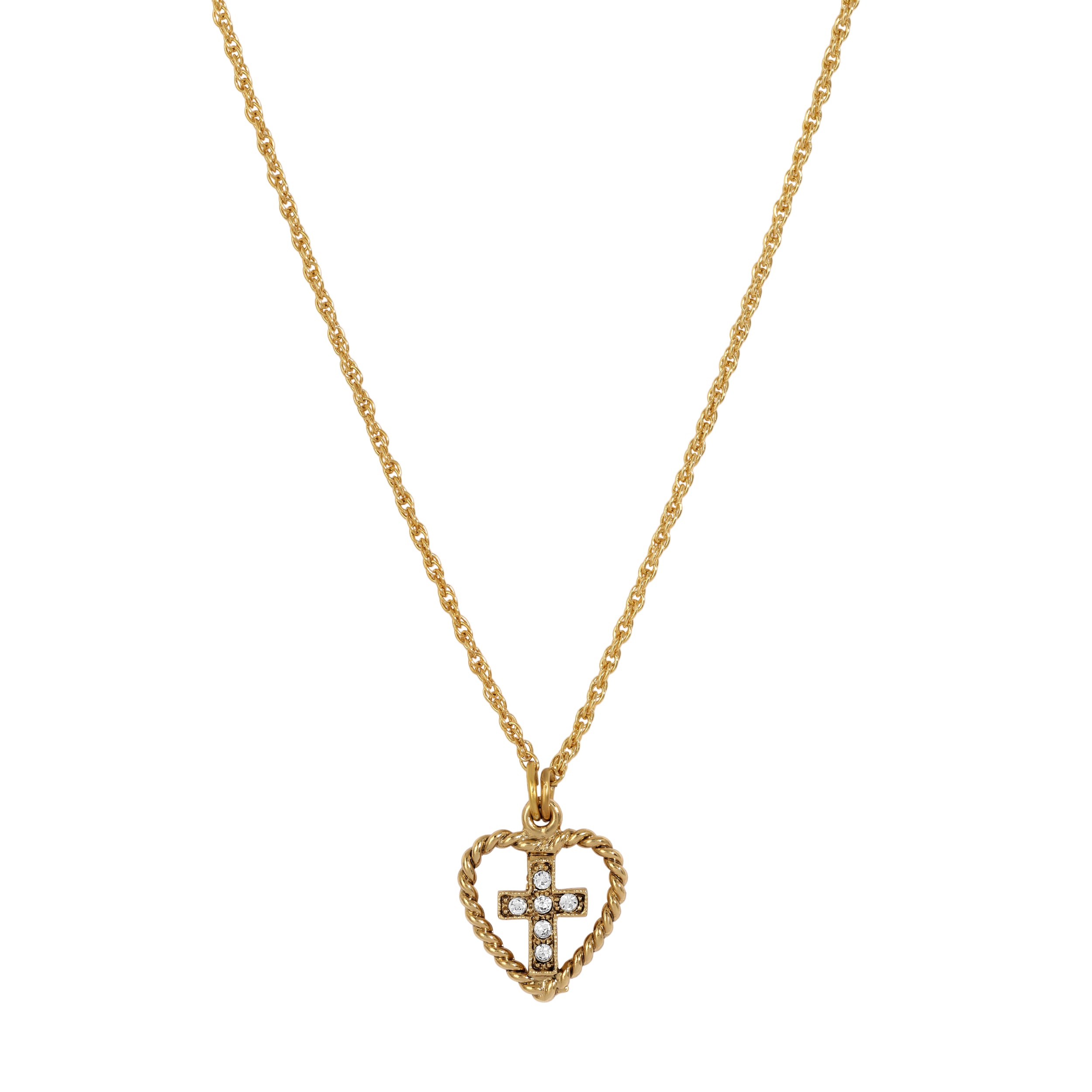 Golden Heart & Clear Crystal Cross Pendant Necklace 15" + 3" Extension