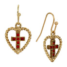 Golden Roped Heart & Siam Red Crystal Cross Drop Earrings