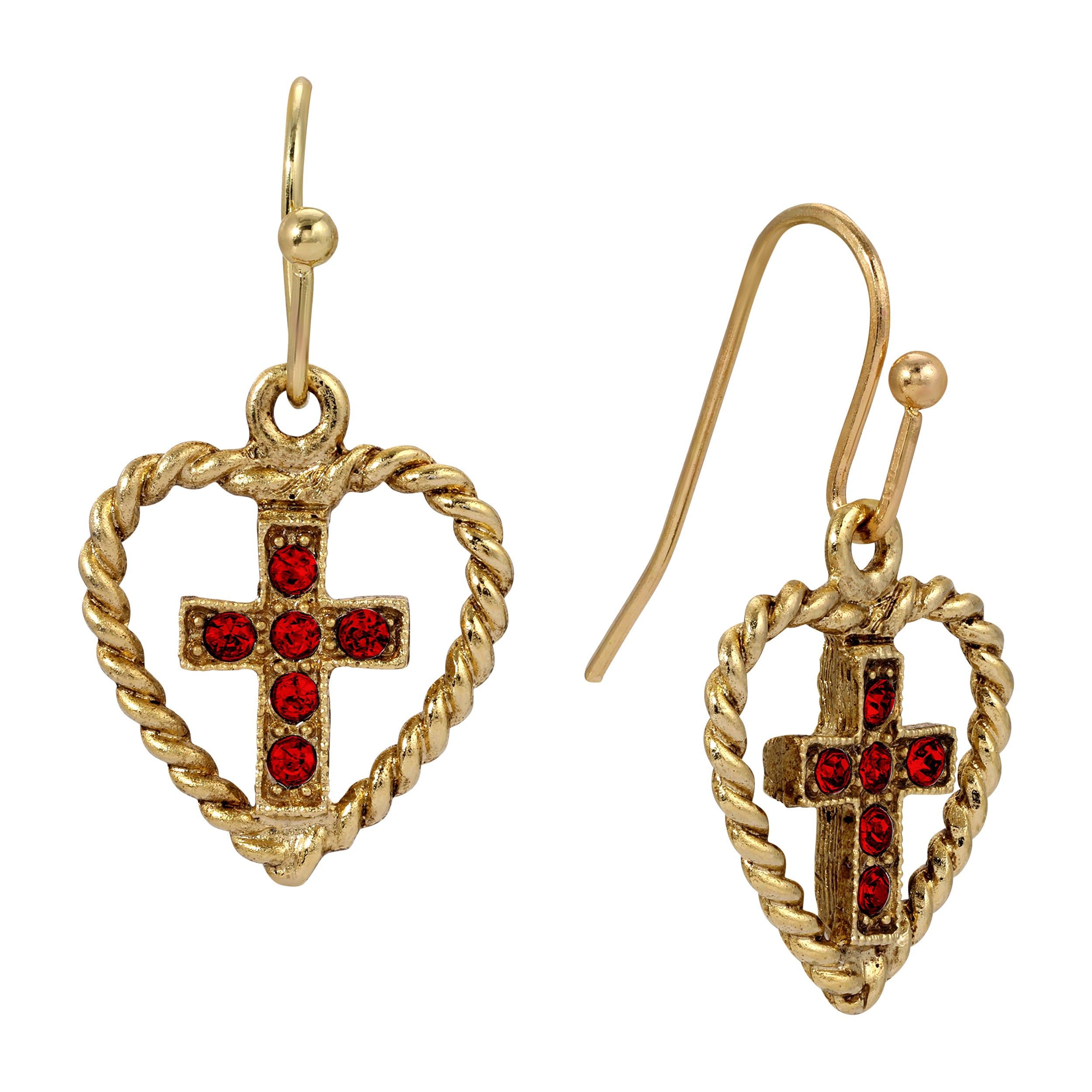 Golden Roped Heart & Siam Red Crystal Cross Drop Earrings