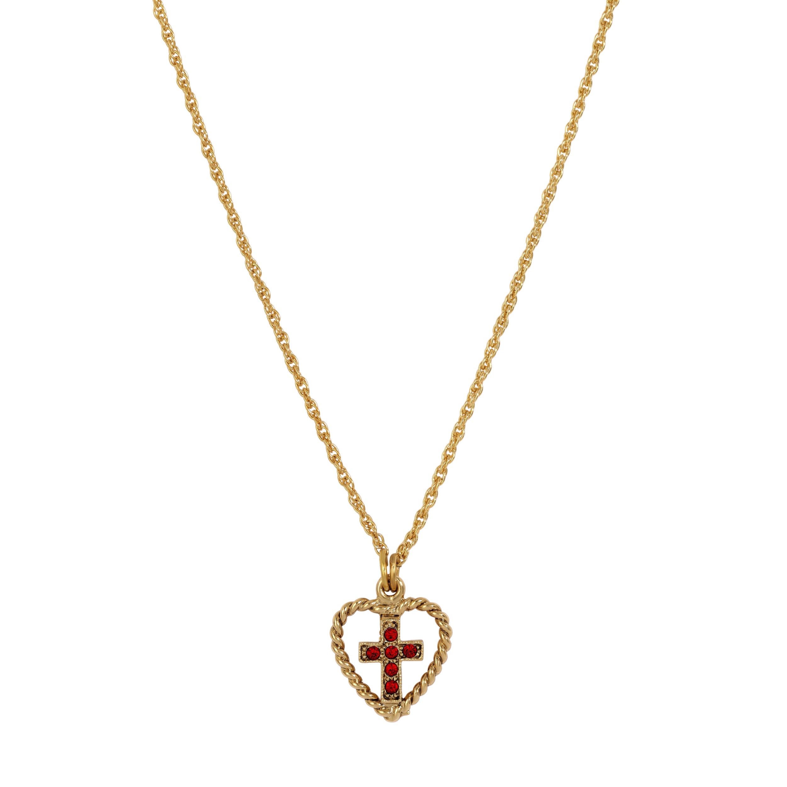 Golden Heart & Siam Red Crystal Cross Pendant Necklace 15" + 3" Extension