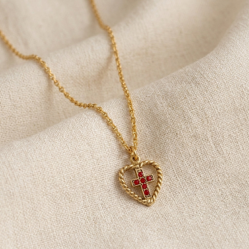 Golden Heart & Crystal Cross Pendant Necklace 15" + 3" Extension resting on beige linen