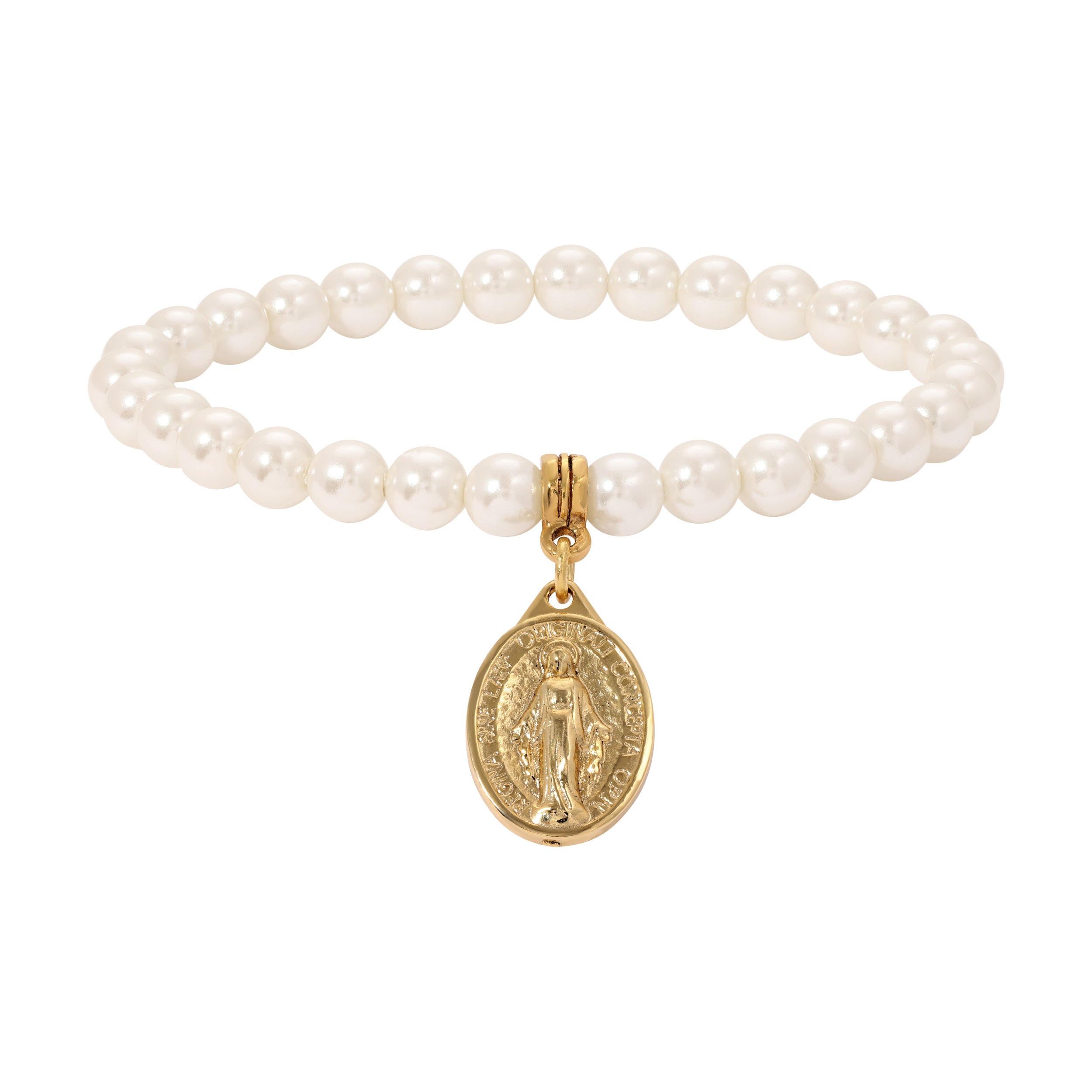 6mm Faux Pearl Gold Virgin Mary Medallion Charm Stretch Bracelet