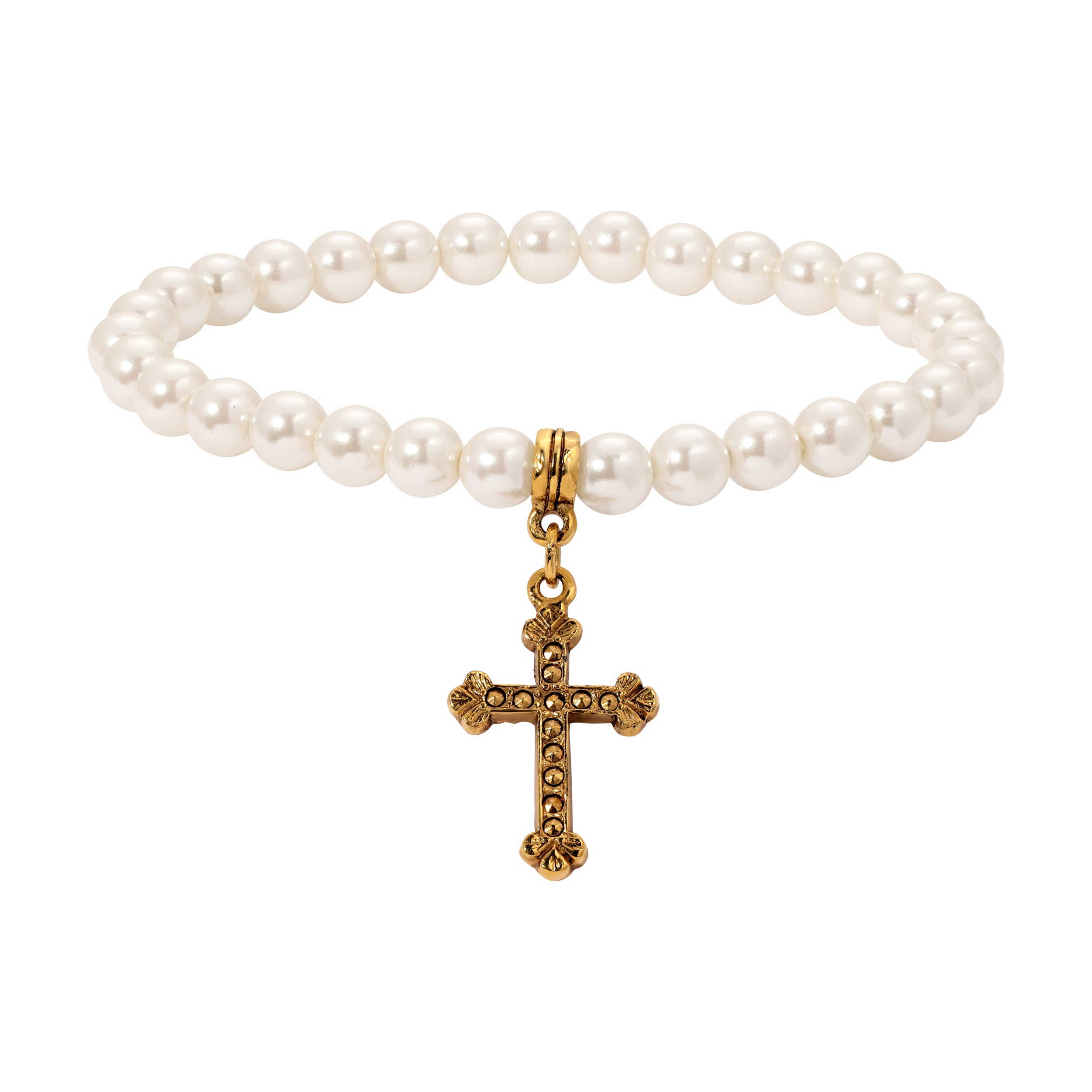 6mm Faux Pearl Gold Cross Charm Stretch Bracelet