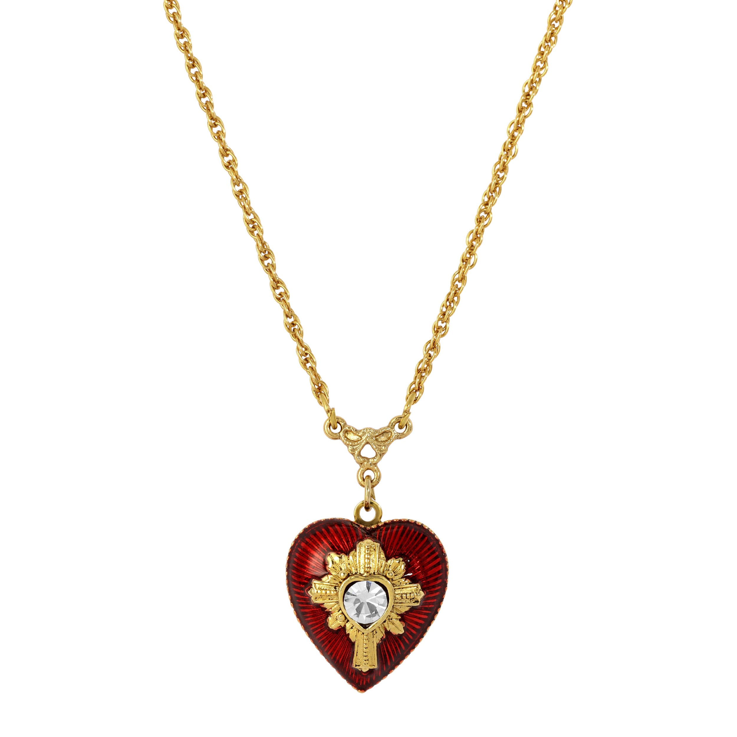Red Enameled Heart & Crystal Cross Locket Necklace 18"