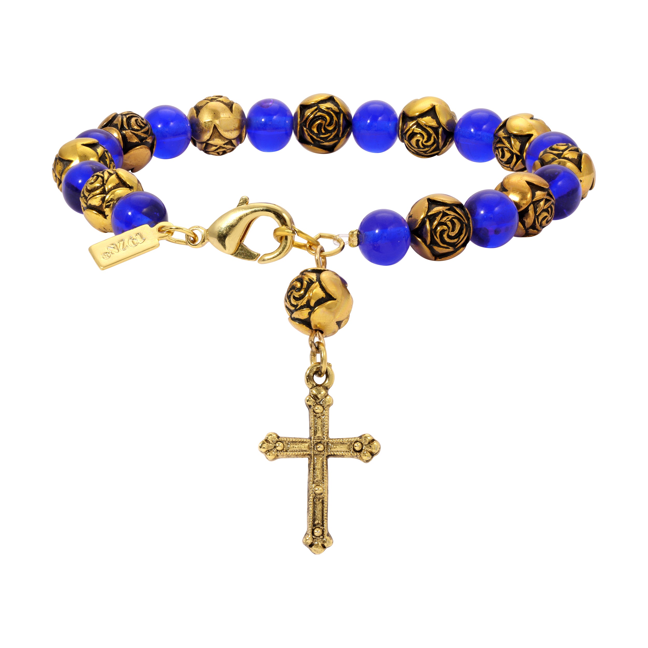 Sapphire & Gold Rosebud Beaded Cross Charm Bracelet