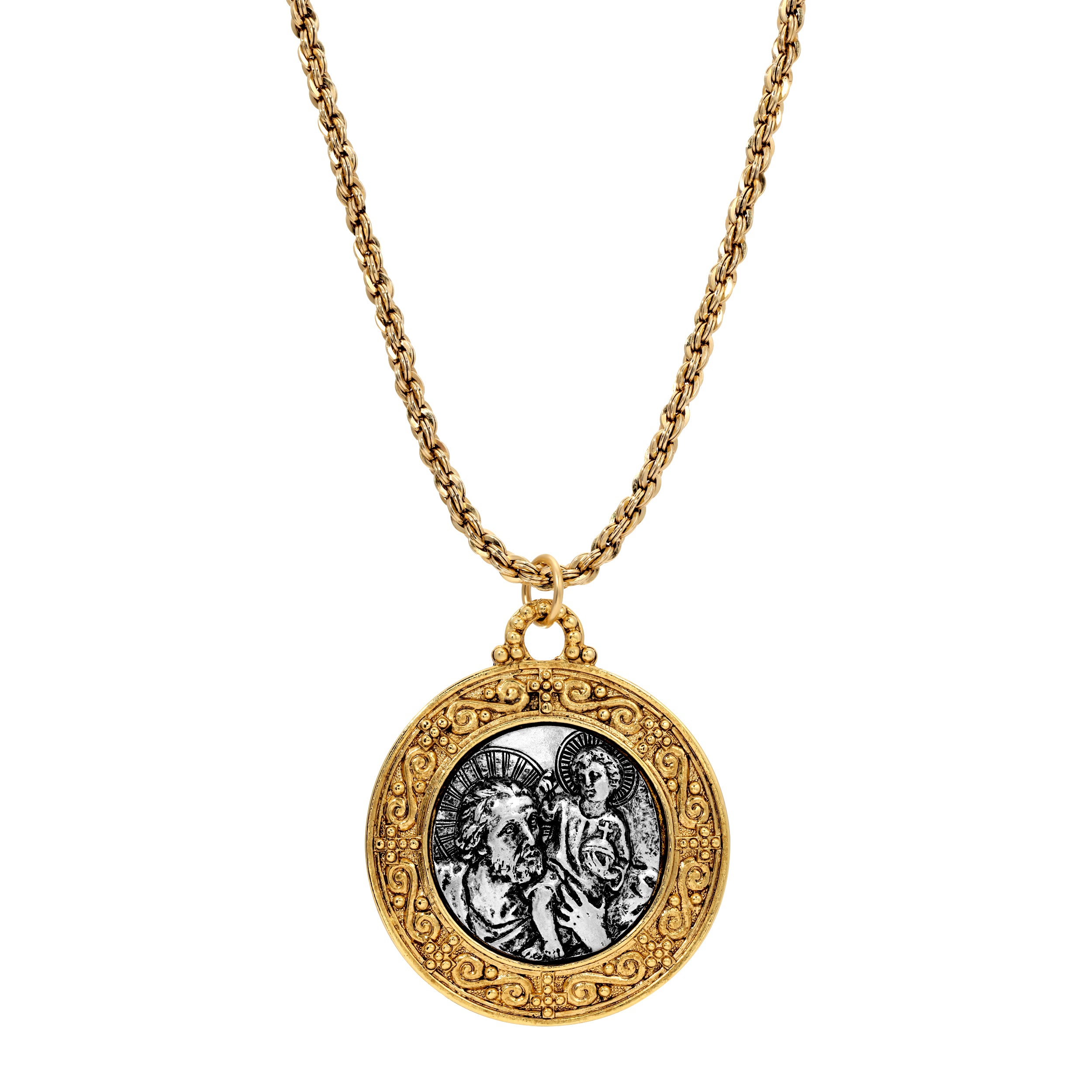 Symbols Of Faith Gold & Silver Saint Christopher Medallion Pendant Necklace 20"