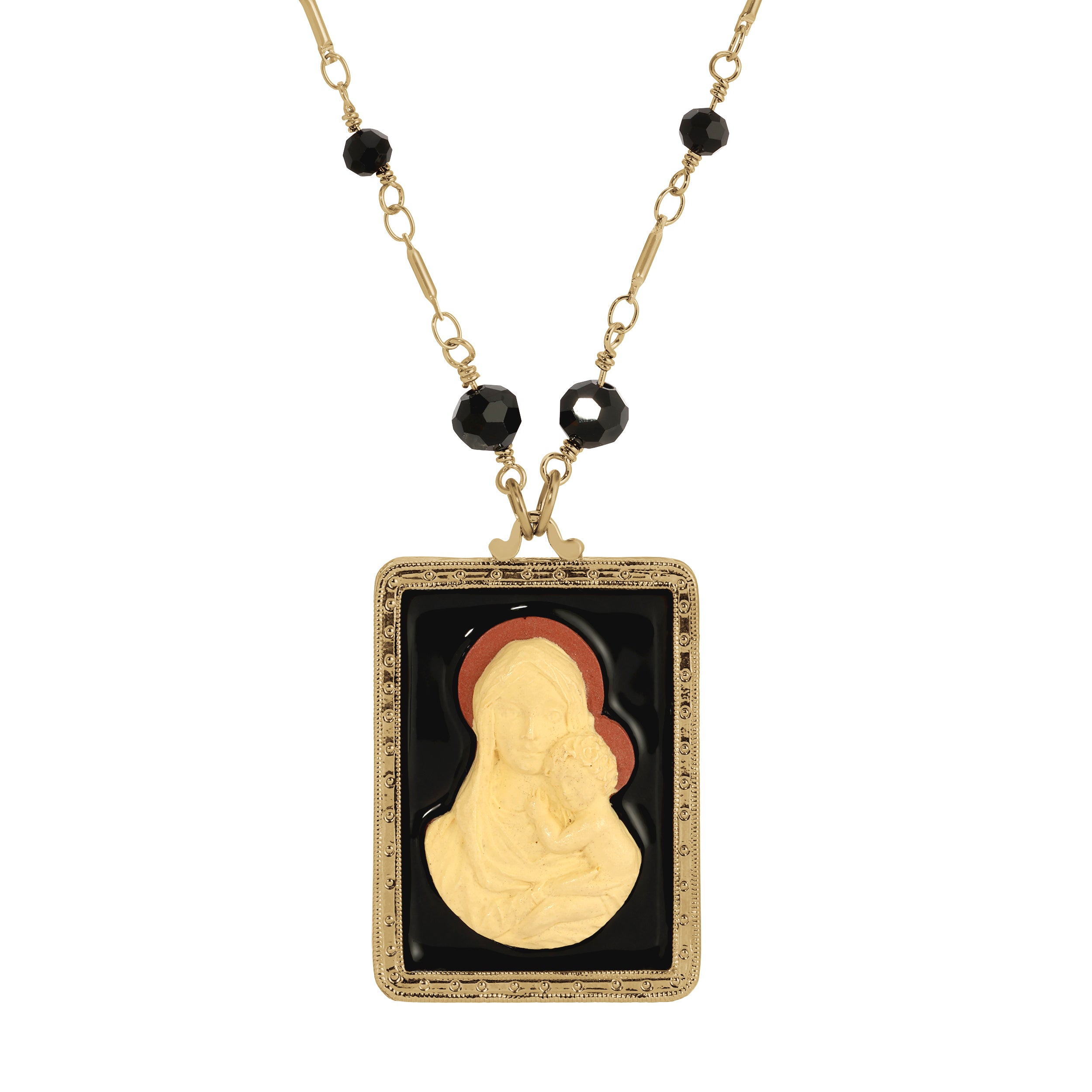 Gold Tone Symbols Of Faith Rectangular Madonna And Child Cameo Black Enamel Pendant Necklace 30"