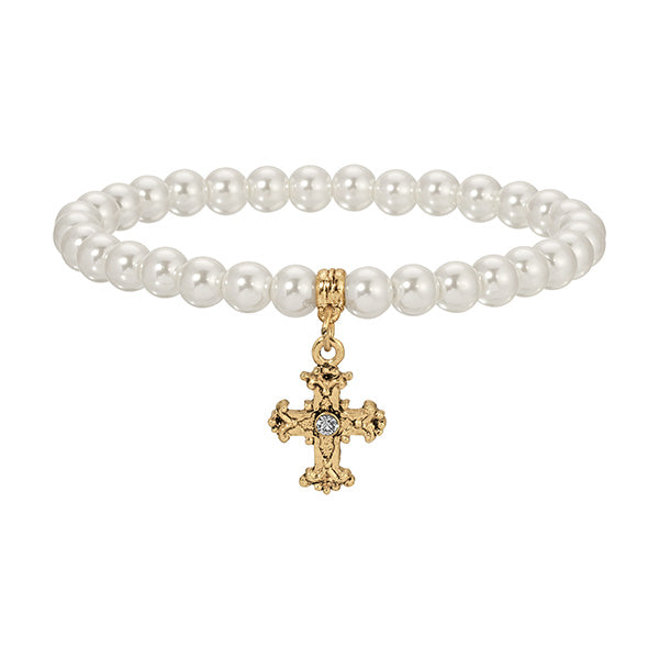Golden Pearl Bead & Cross Charm Stretch Bracelet
