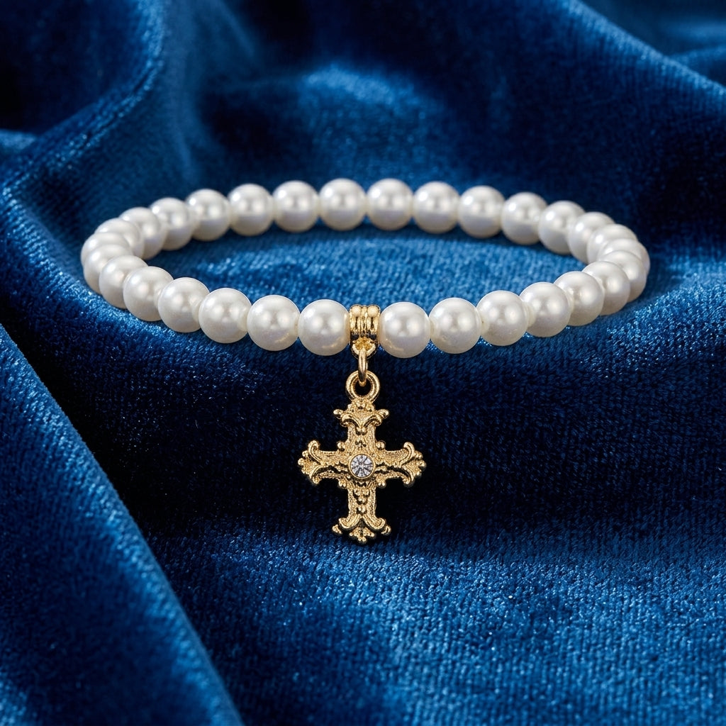 Pearl bracelet with a gold cross charm on a blue fabric background