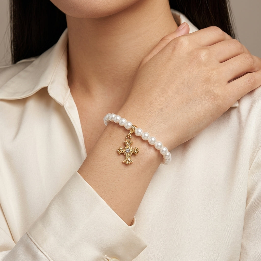 Pearl bracelet with a gold cross charm worn by a person in a cream shirt.