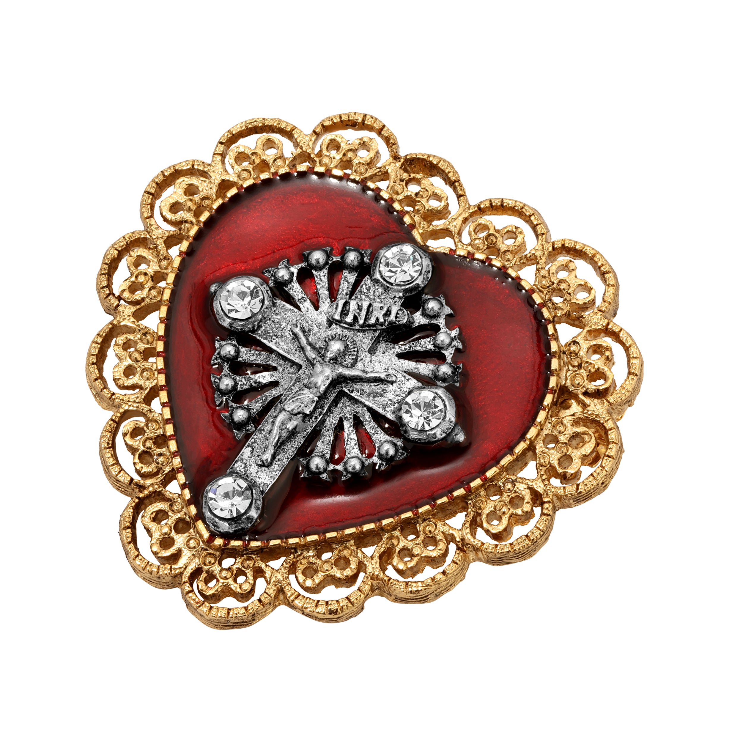 Hand Enameled Heart Shaped Crucifix Pin – 1928 Jewelry