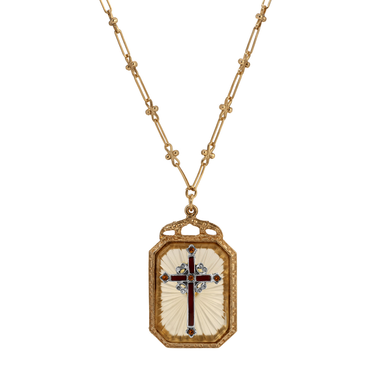 Siam Red Cross & Frosted Glass Crystal Pendant Necklace 24"
