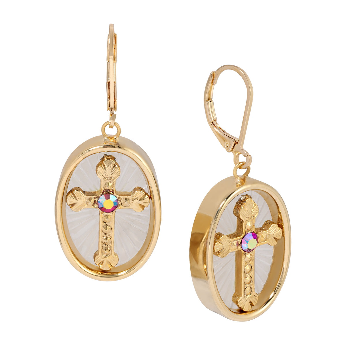 Oval Frosted Glass & AB Crystal Cross Drop Earrings