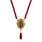 Our Lady of Guadalupe Decal & Siam Red Beaded Teardrop Pendant Necklace 18"