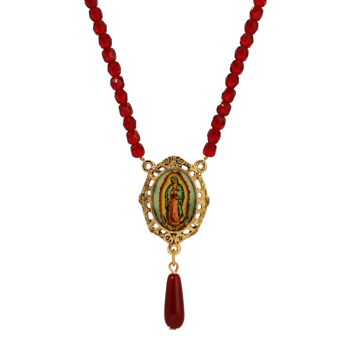 Our Lady of Guadalupe Decal & Siam Red Beaded Teardrop Pendant Necklace 18"