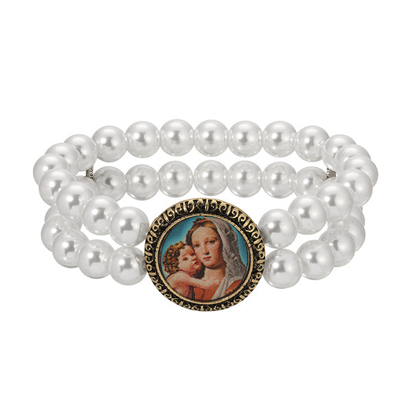 Golden Madonna and Child Double Strand Pearl Beaded Bracelet