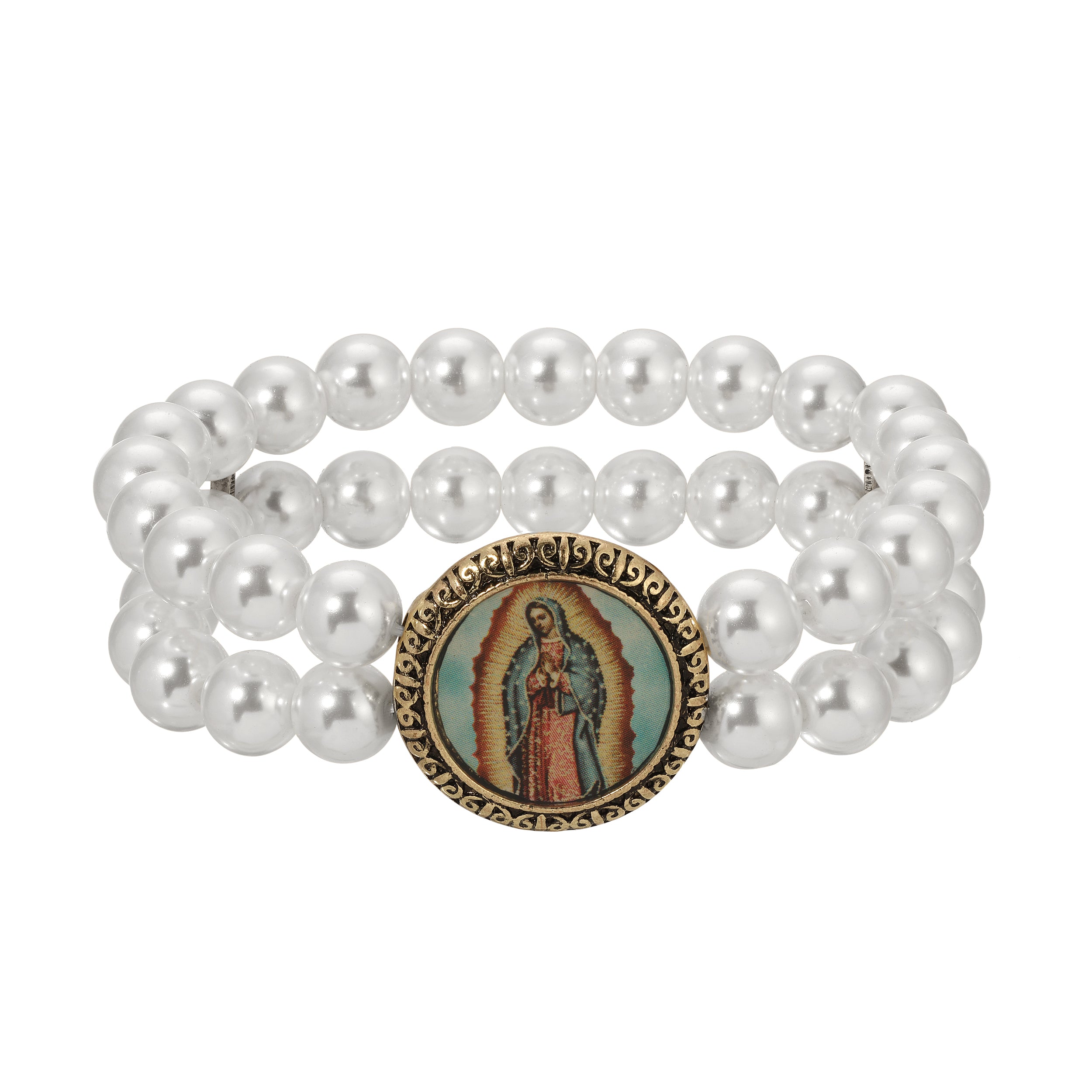 Golden Our Lady of Guadalupe Double Strand Pearl Beaded Bracelet