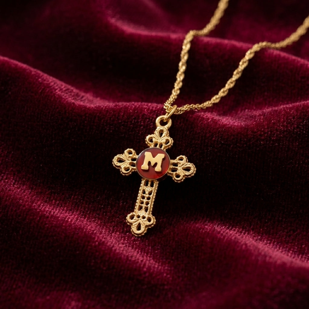 Gold cross necklace with 'M' pendant on a red velvet background