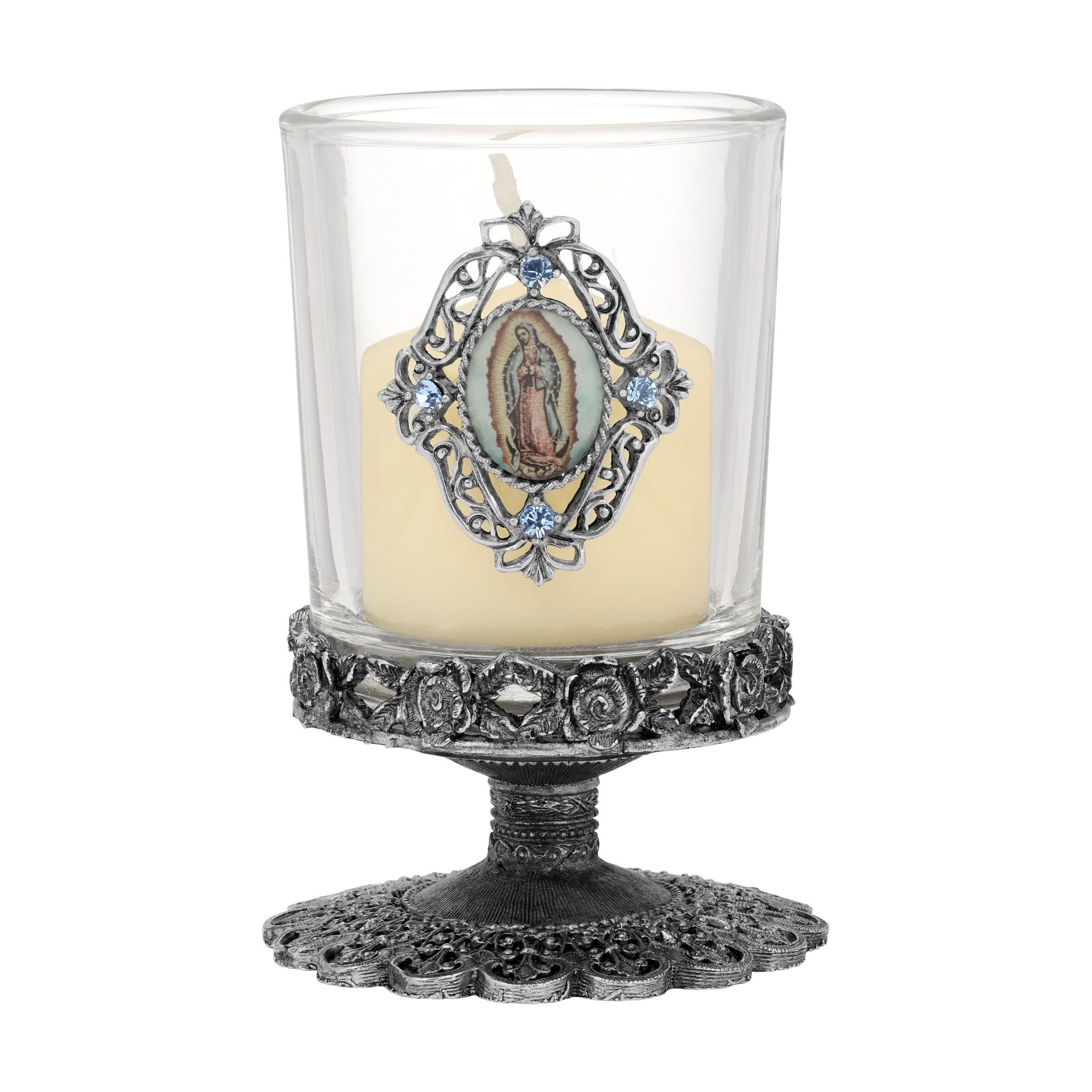 Pewter Our Lady Of Guadalupe Glass Candle Holder