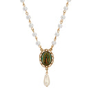 Oval Our Lady of Guadalupe Decal Pendant & Faux Pearl Bead Drop Beaded Chain Necklace 15" + 3" Extension