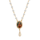 Oval Madonna And Child Decal Pendant & Faux Pearl Drop Beaded Chain Necklace 15" + 3" Extension