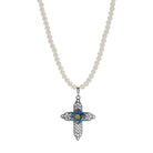 Sapphire Blue Iridescent AB Crystal Cross & Faux Pearl Beaded Strand Pendant Necklace 15" + 3" Extension