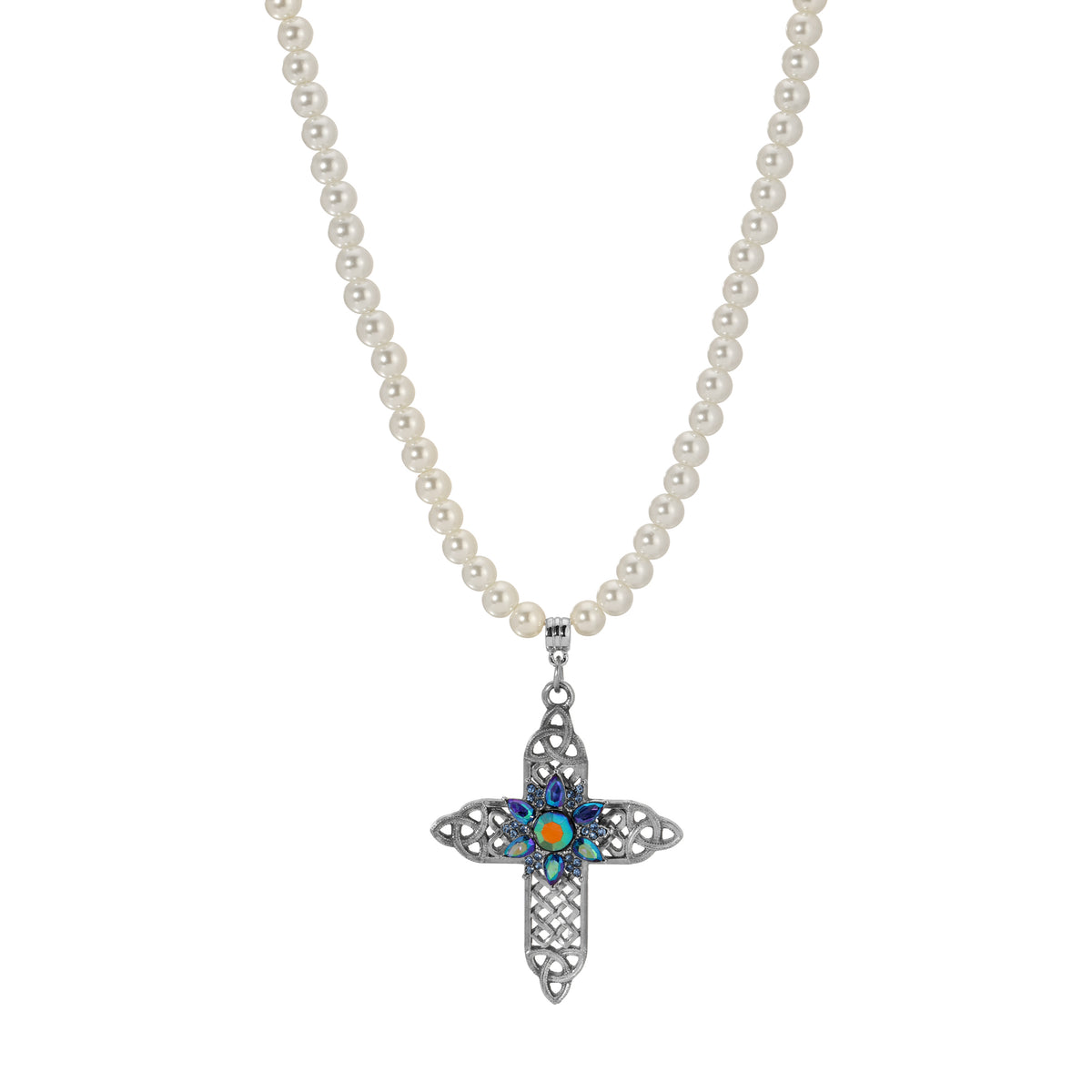 Sapphire Blue Iridescent AB Crystal Cross & Faux Pearl Beaded Strand Pendant Necklace 15" + 3" Extension