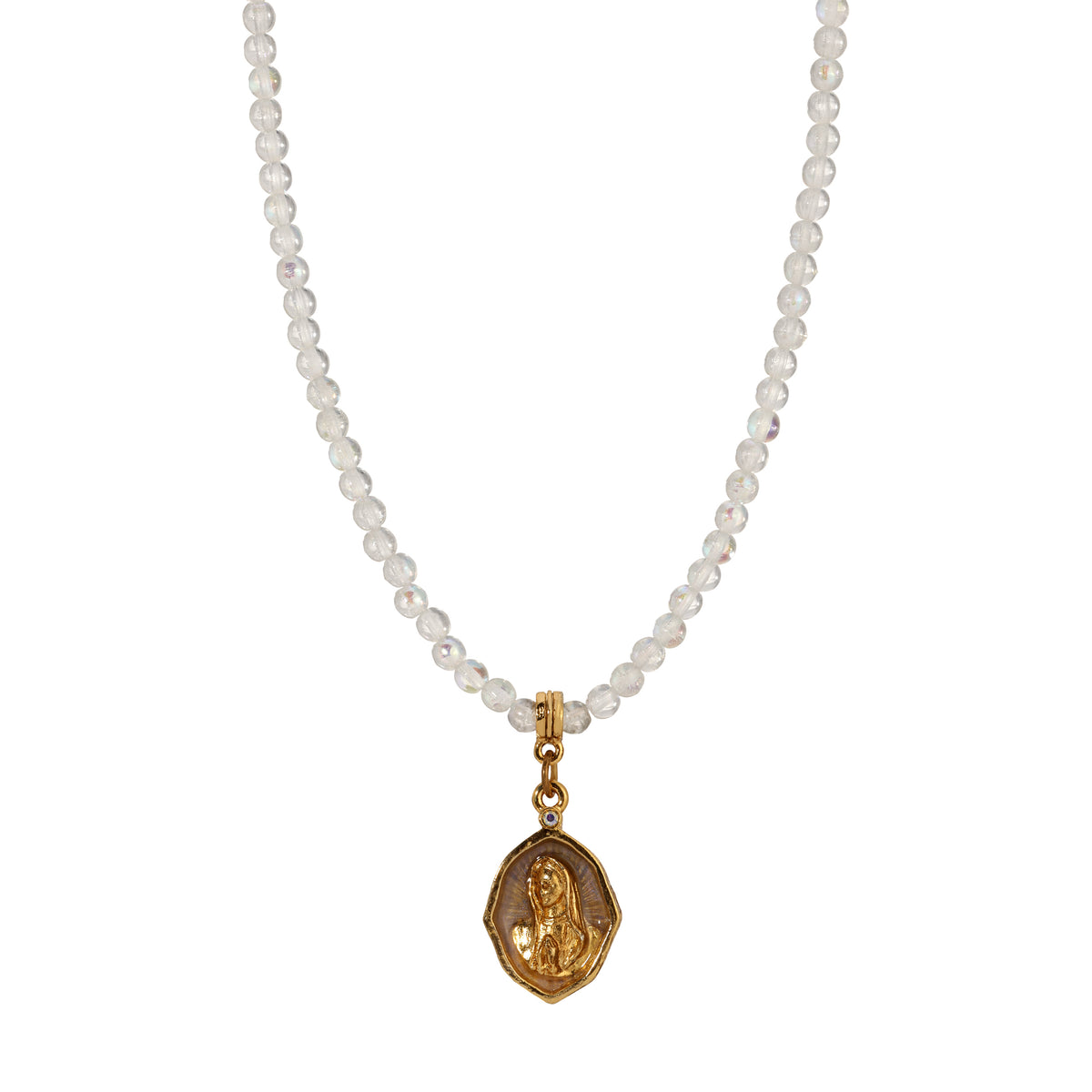 AB Crystal Beads & Golden Oval Virgin Mary Pendant Necklace 16" +3" Extension