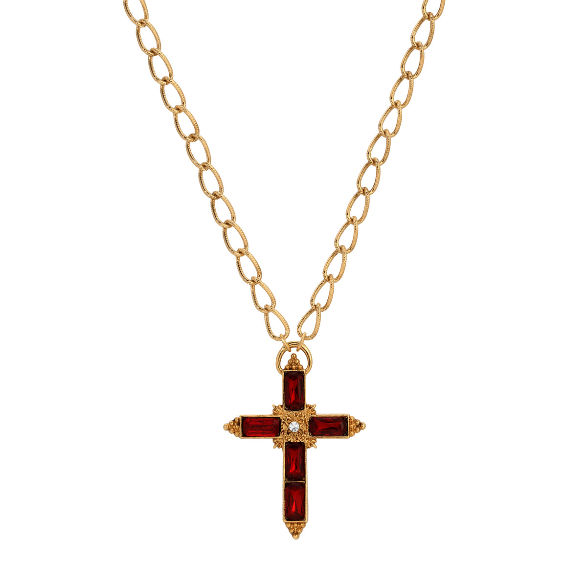 Siam Red Baguette Stone Crystal Cross Pendant Necklace 16" + 3" Extension
