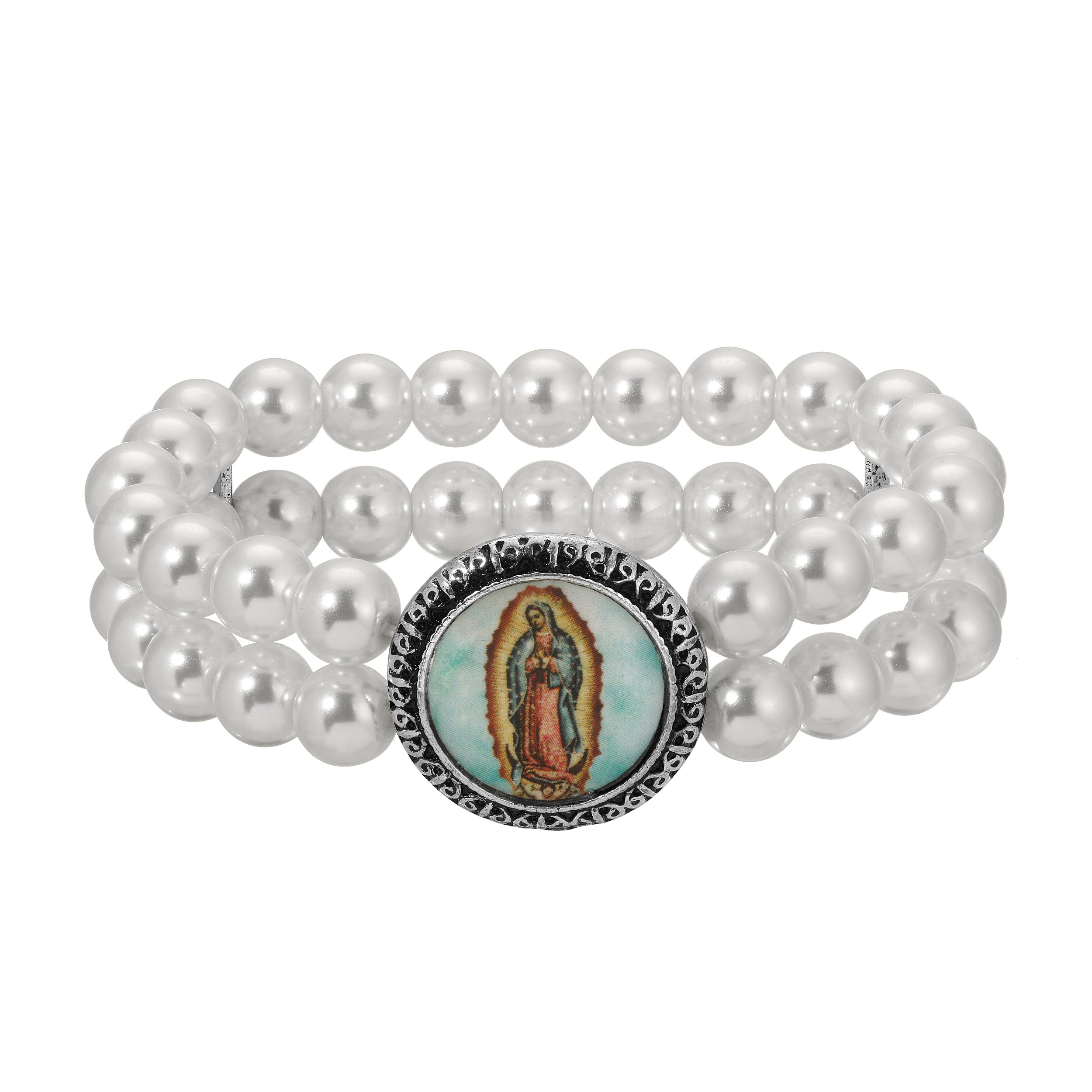 Round Silver Our Lady of Guadalupe Decal Double Strand Pearl Beaded Bracelet