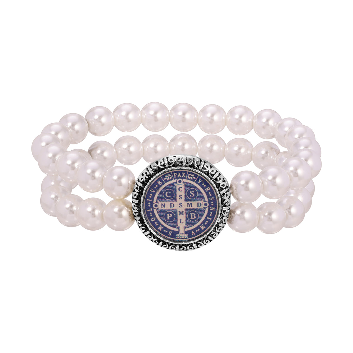 Round Faux Pearl & Blue Saint Benedict Decal Double Strand Beaded Stretch Bracelet