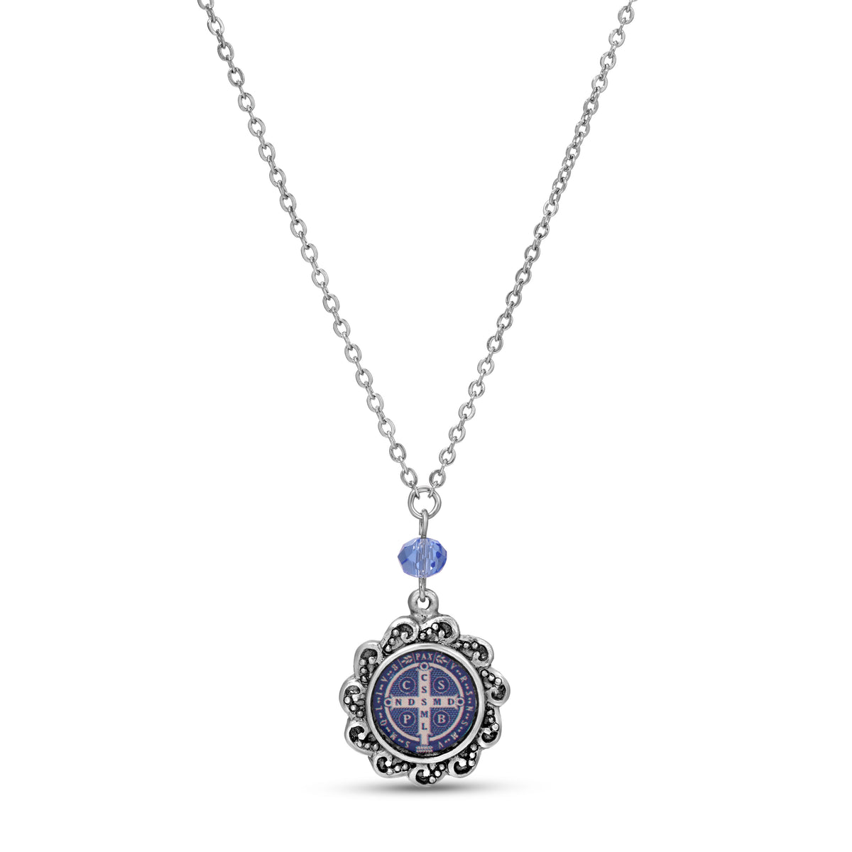 Round Blue & Silver Saint Benedict Decal 16 Pendant Necklace 16"